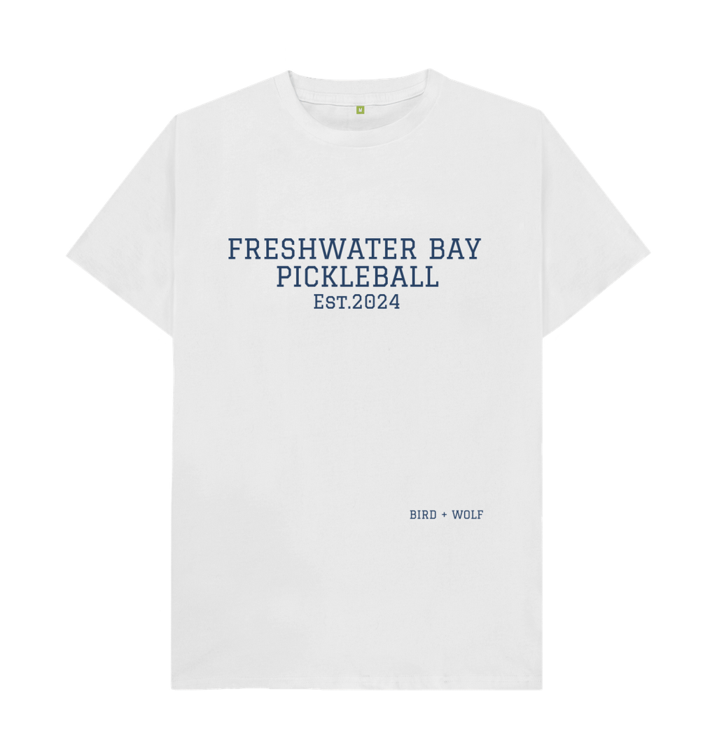 White Freshwater Bay Pickleball Classic Tee (Navy Lettering).