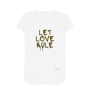 White Let Love Rule V Neck Tee (Gold Lettering)