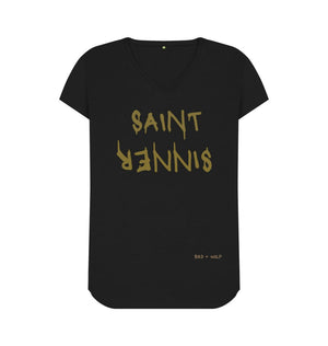 Black Saint Sinner V Neck Tee (Gold Lettering)