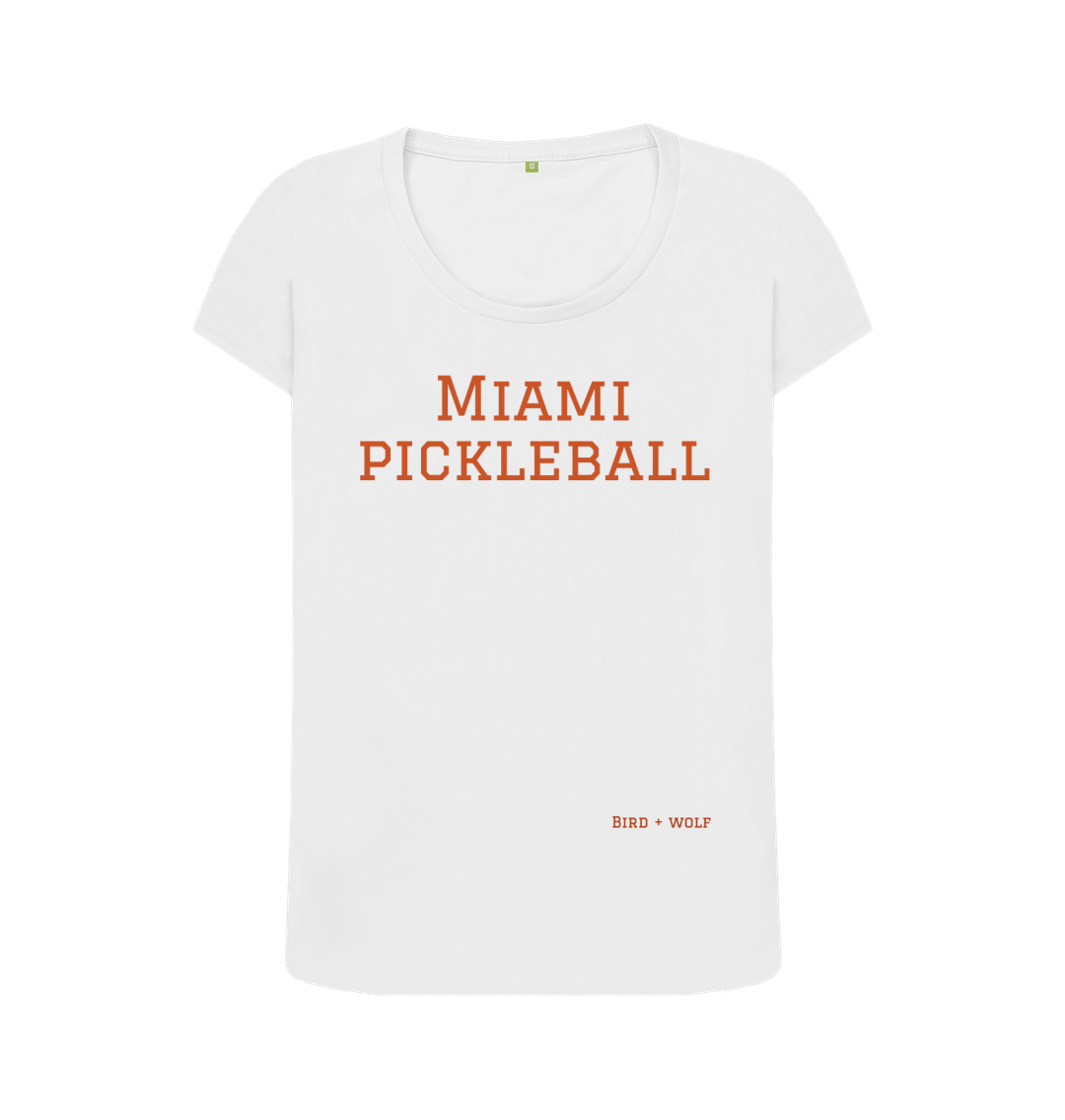 White Miami Pickleball Scoop Tee (Brown lettering)