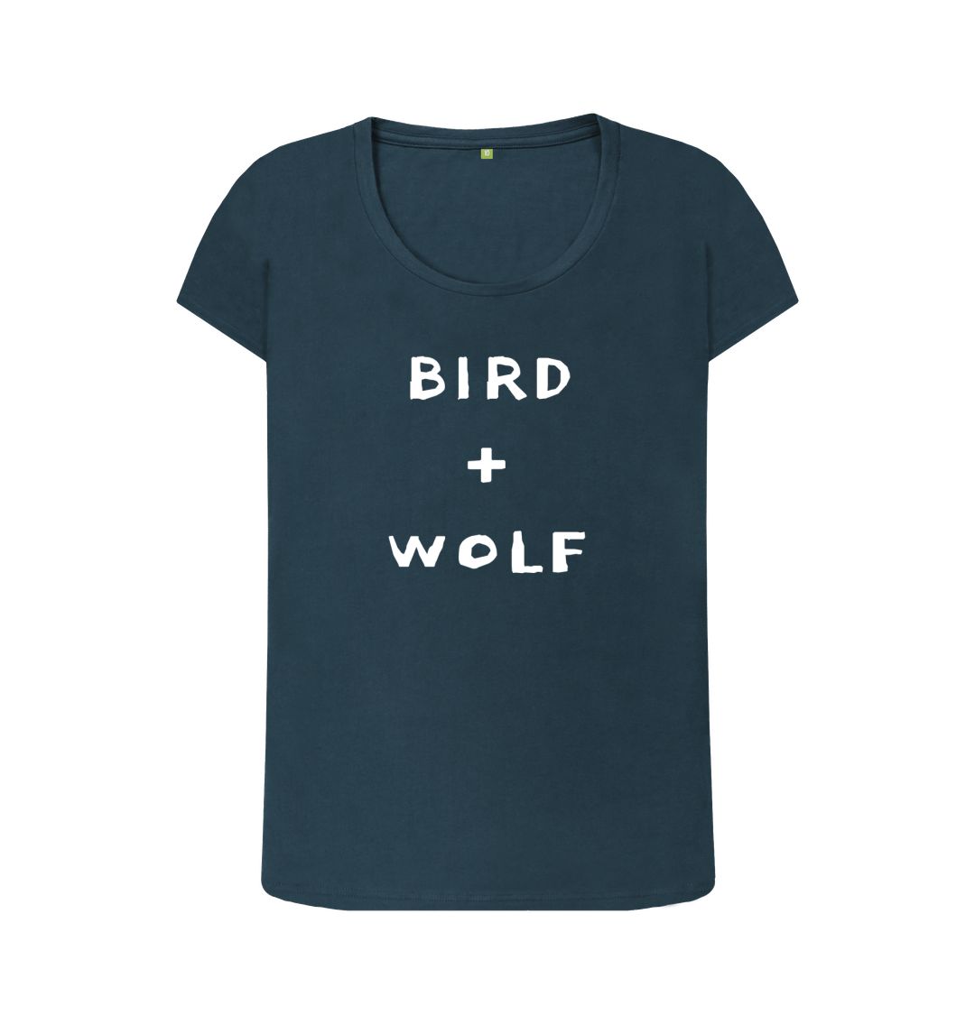 Denim Blue Bird + Wolf Scoop Neck Tee (White lettering)