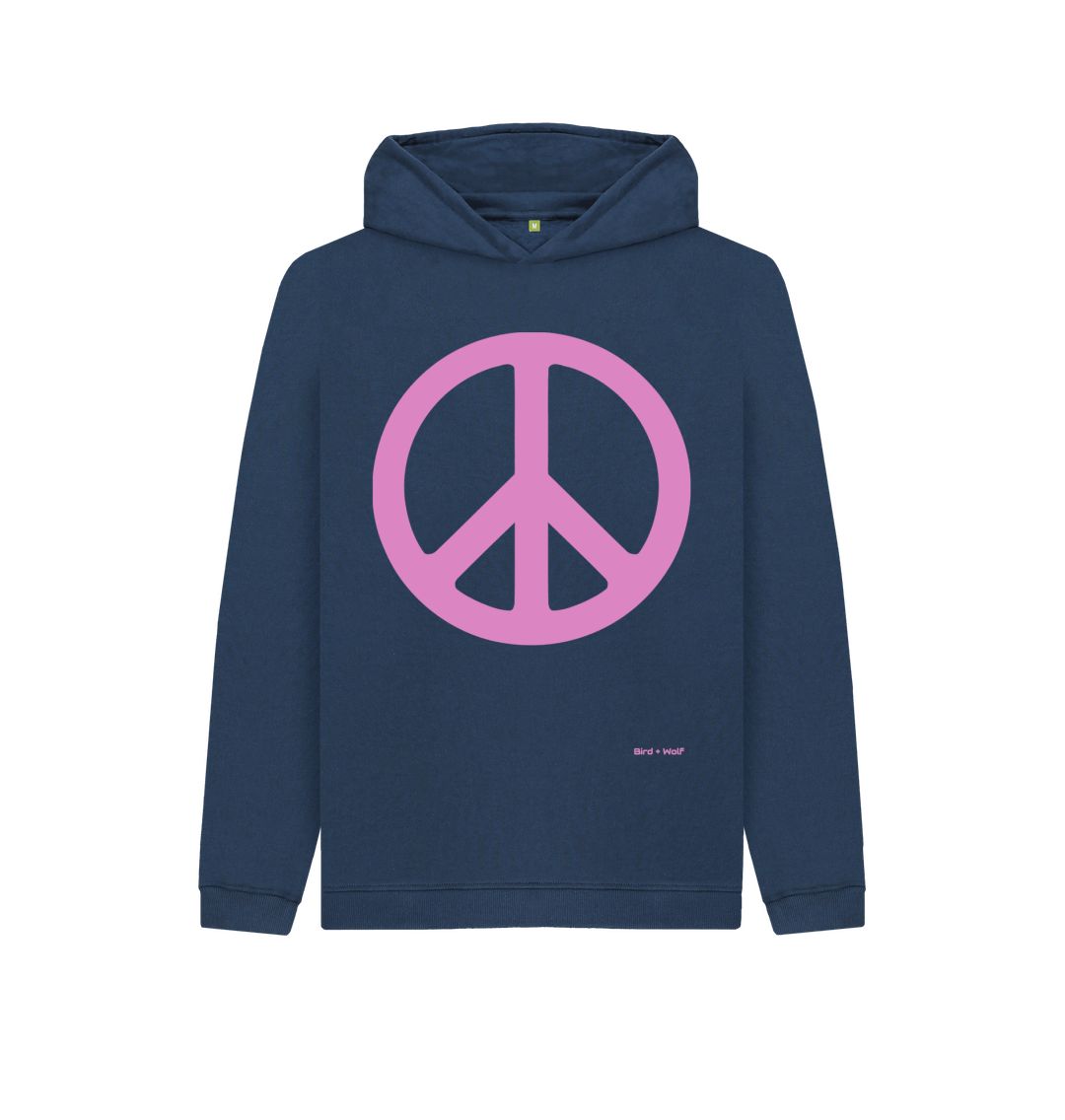 Navy Blue Peace Sign Kids Cosy Hoodie (Pink)