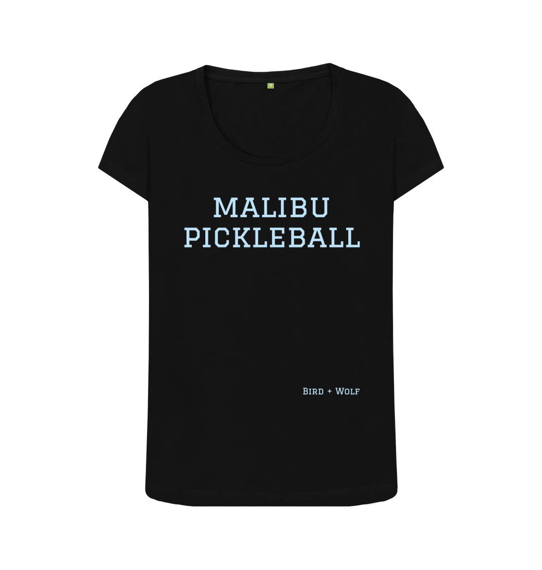 Black Malibu Pickleball Scoop Neck Tee (Blue Lettering)