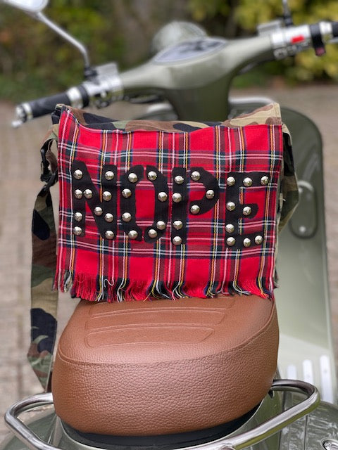 'NOPE'  Camo + Red Tartan Messenger Bag.