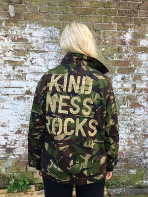 Kindness Rocks Bird + Wolf Green Camo Jacket Customised Army Camouflage
