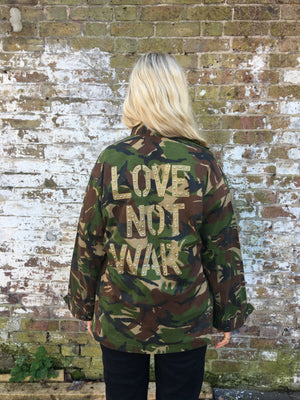 Love not war Bird + Wolf Green Camo Jacket Customised Army Camouflage
