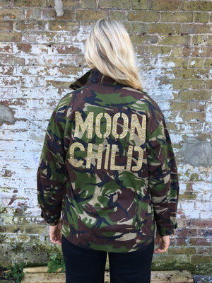 Moon child Bird + Wolf Green Camo Jacket Customised Army Camouflage