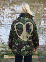 Peace Heart Bird + Wolf Green Camo Jacket Customised Army Camouflage