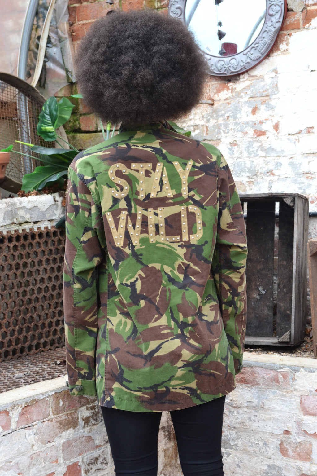 Stay Wild Bird + Wolf Green Camo Jacket Customised Camouflage