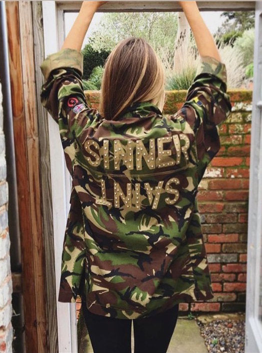 Sinner Saint Bird + Wolf Green Camo Jacket Customised Army Camouflage