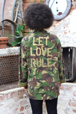 Let Love Rule Bird + Wolf Green Camo Jacket Customised Army Camouflage